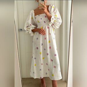 Sleeper White Floral Linen Atlanta Pansies Midi Dress S